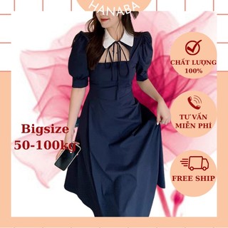 Đầm nữ dự tiệc cổ sen khoét phối cột nơ ,váy tiểu thư phong cách hàn quốc retro bigsize 50-95 màu xanh đen hanaba