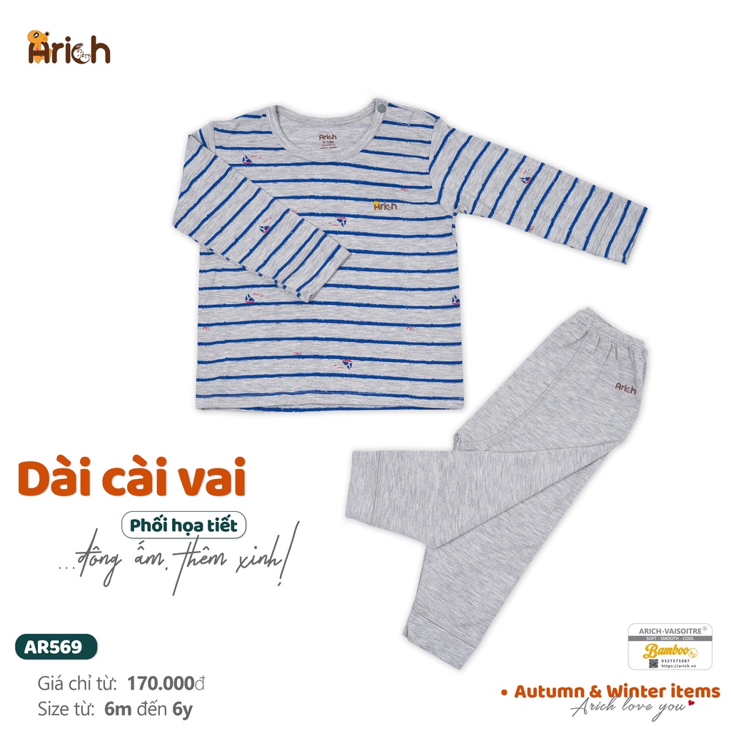 Bộ dài tay cài vai Arich vải sợi tre mềm mịn, quần áo trẻ em thoáng khí, co giãn 4 chiều