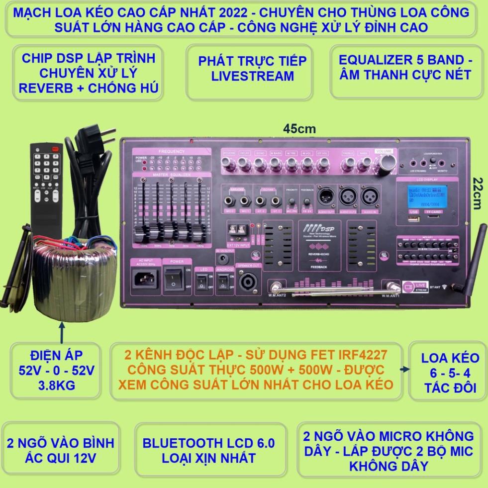 Mạch loa kéo 2 kênh 500W + 500WReverb DSP chống hú Livestream Equalizer 5 Band dùng 4 tay micro