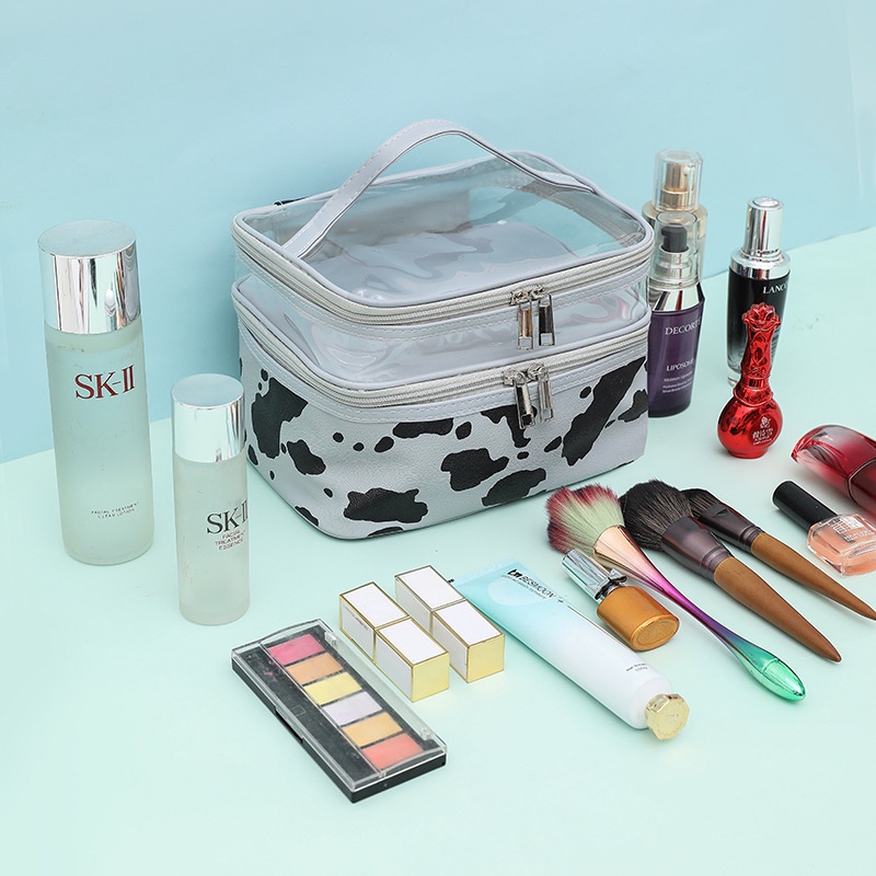 Túi Đựng Mỹ Phẩm Da PU Hai Lớp Chống Thấm Nước In Họa Tiết Bò Sữa