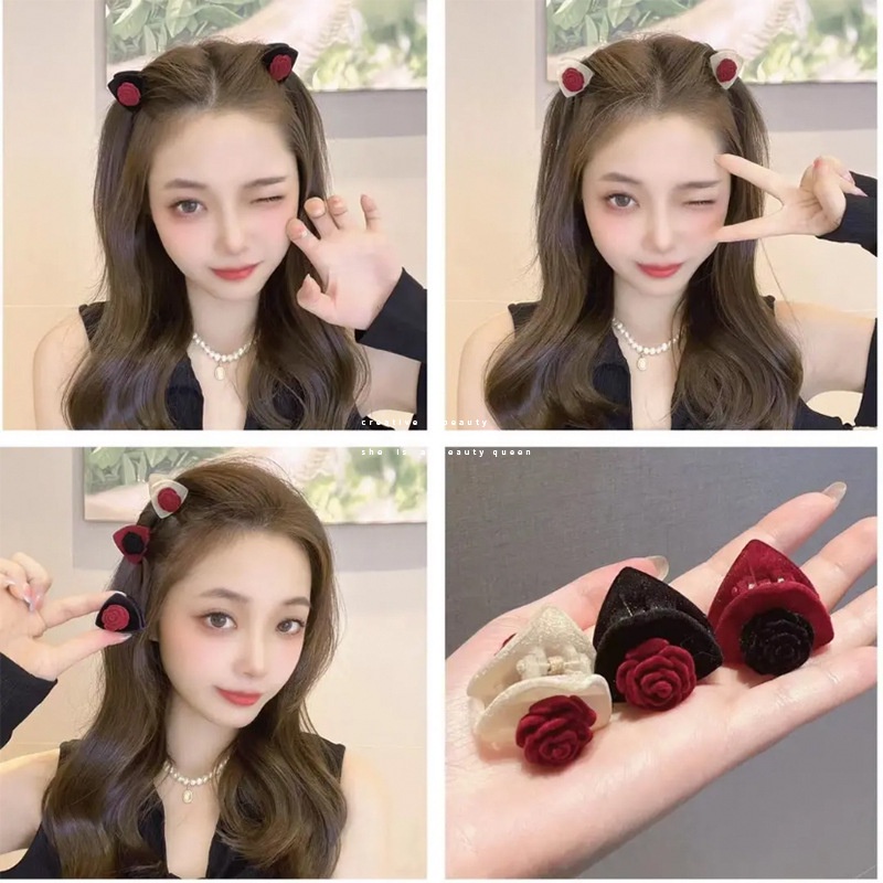 Set 2 Kẹp Tóc Hình Tai Mèo Đính Hoa Hồng Phong Cách Retro