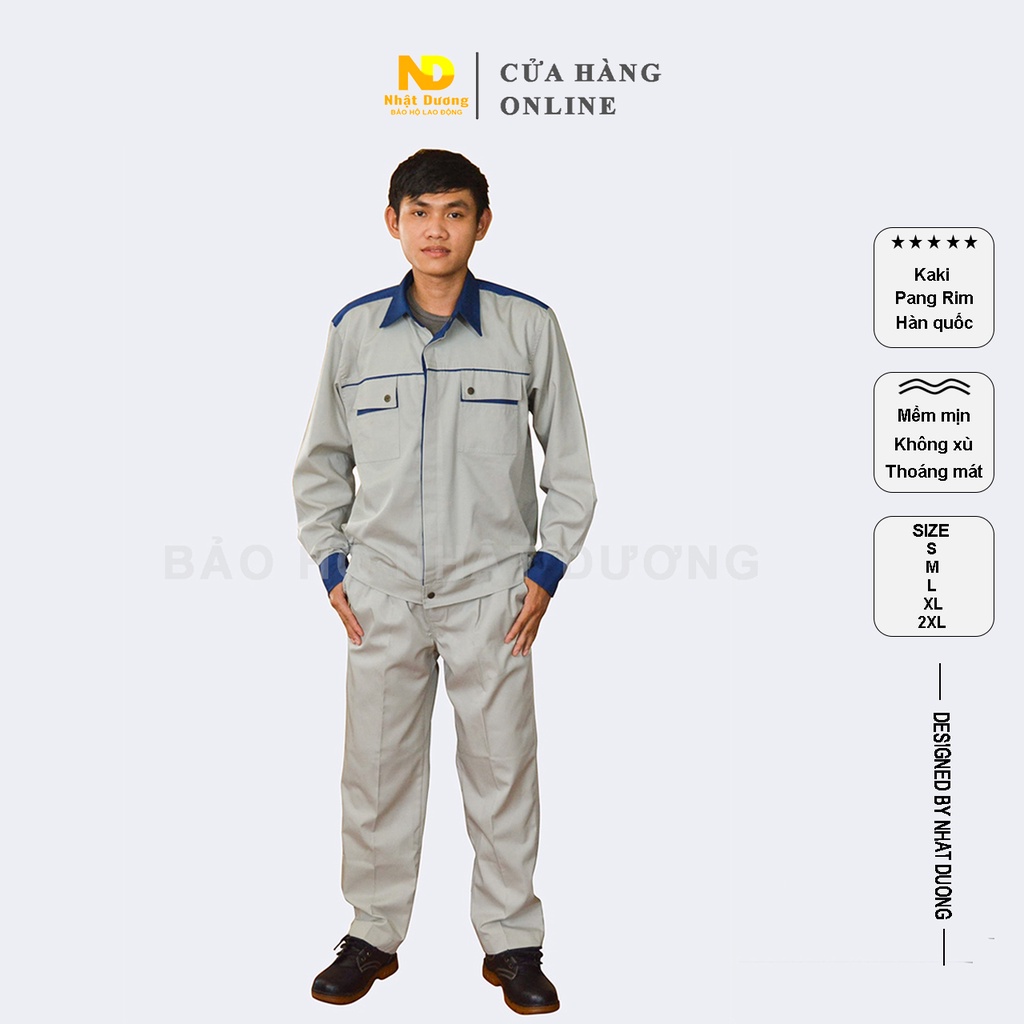 Quần áo bảo hộ lao động nam kaki pangrim xám ghi dài tay Tinba01 mềm mát, Đồ bảo hộ lao động Nhật Dương