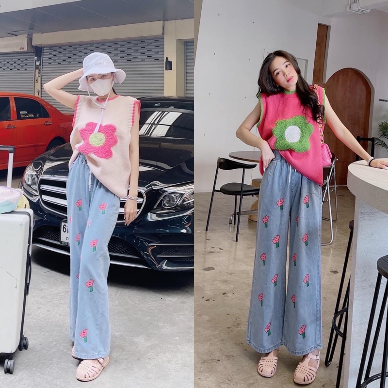 Set áo len + quần jean hoa - order Thái