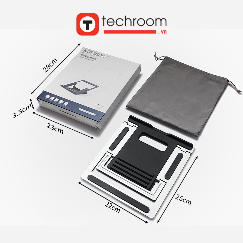 Giá đỡ laptop nhôm, đế tản nhiệt laptop, macbook, ipad có thể gấp gọn, chỉnh góc và độ cao, kích thước lớn - Techroom.vn
