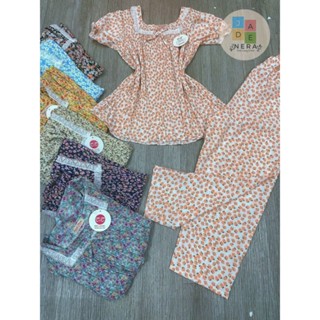 Bộ mặc nhà hoa nhí áo dập li tay bồng, quần dài có túi, lụa đẹp - Form (42-60kg)