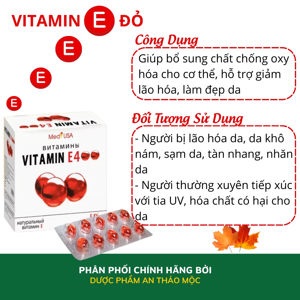 Vitamin E đỏ 400 Mediusa giúp giảm oxy hóa mờ thâm sạm nám tàn nhang ngăn lão hóa cân bằng nội tiết tố hộp 100v