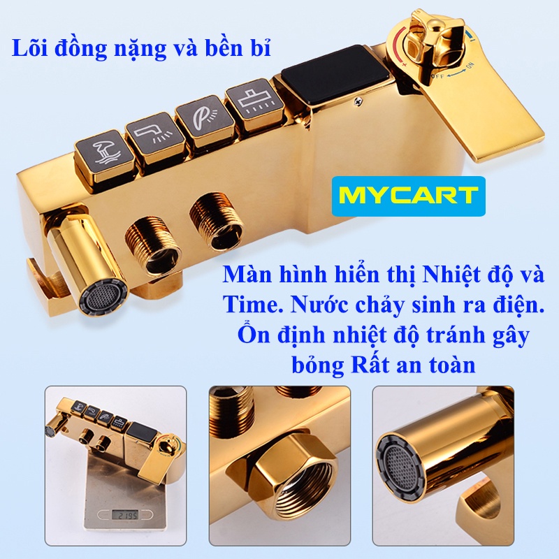 Bộ sen cây tắm đứng nóng lạnh, Vòi hoa sen, Sen vòi tắm Vàng đồng Hiển thị LED SET NHIỆT ĐỘ AN TOÀN TRÁNH BỎNG