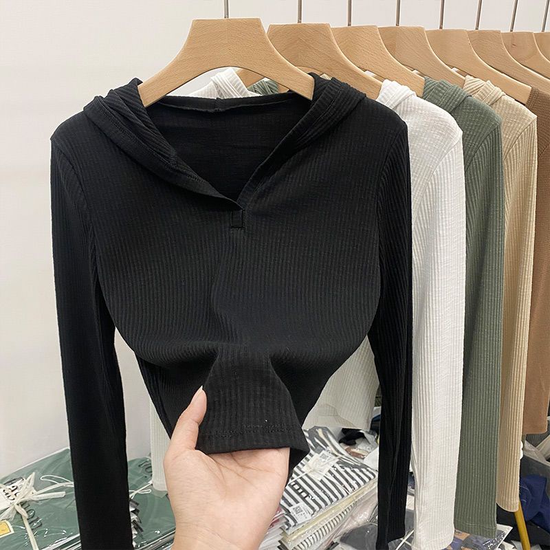 COZOK Áo Thun Tay Dài Có Nón Cổ Chữ V Dáng Ôm Thời Trang Cho Nữ