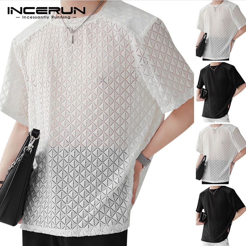 Áo thun lưới INCERUN tay ngắn màu trơn dáng rộng phong cách retro cho nam giới