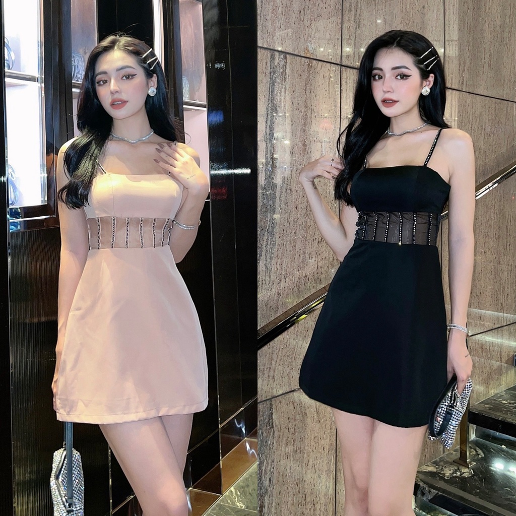 (SALE) Đầm mini 2 dây đính đá cúp ngực eo voan corset dáng chữ A sang trọng (Đi tiệc, đi bar pub)