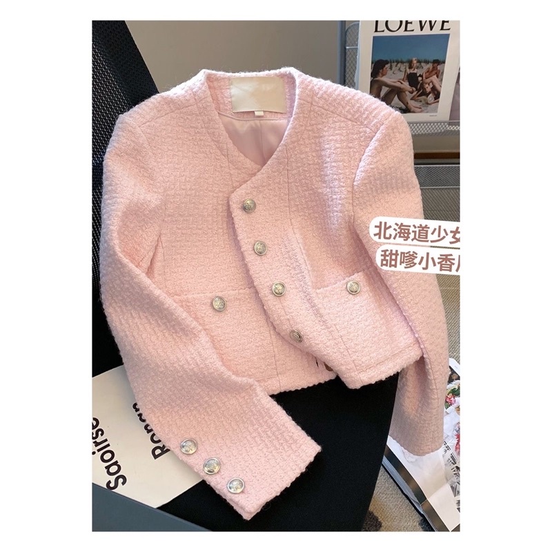 Áo Khoác Dạ Tweed Tay Dài Cổ Tròn Hồng 2 Túi