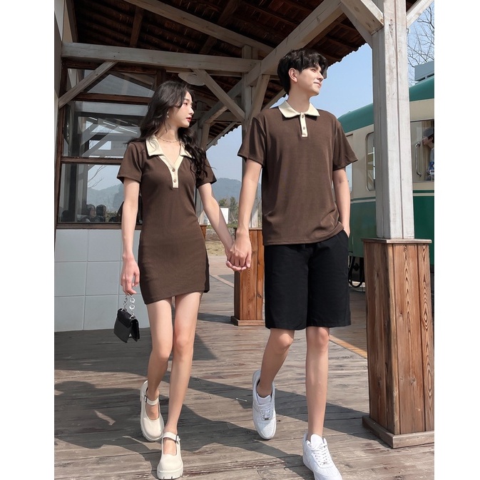 Set đồ đôi nam nữ couple váy nữ áo nam Polo màu nâu thời trang Quảng Châu COUPLELOVE C016