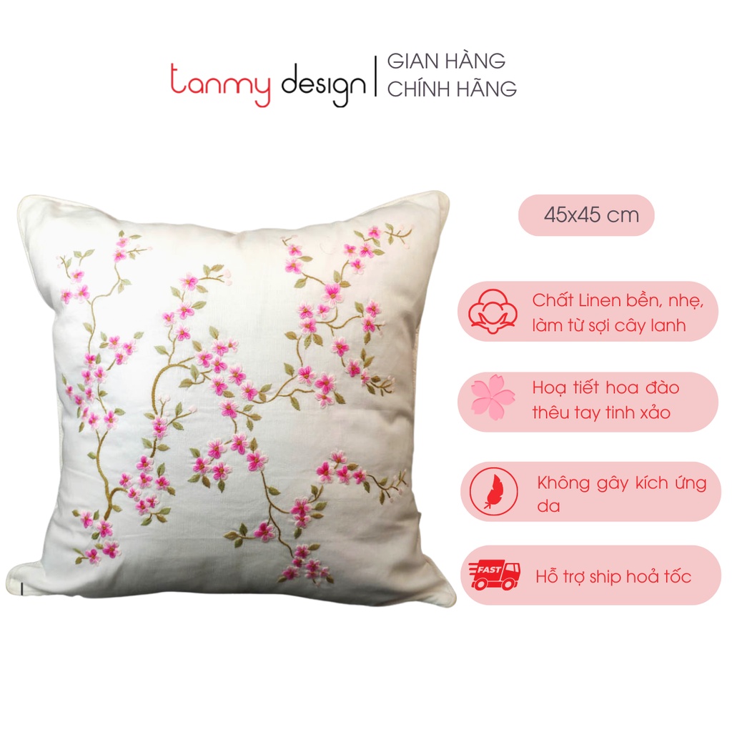 Vỏ gối vuông tựa sofa 45x45 cm thêu tay hoa đào Tân Mỹ Design
