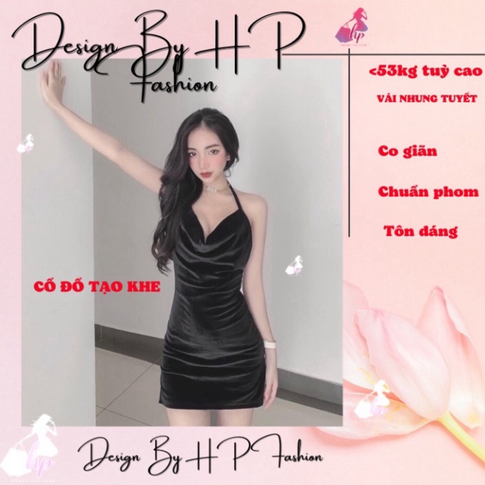 Đầm yếm cổ đổ nữ ngắn xẻ tà, váy nhung màu đen sang chảnh hở lưng ôm body có mút ngực VD15 -TEEN -MM