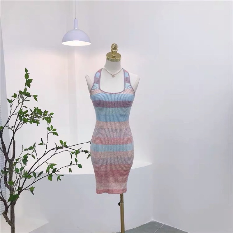 [ HÀNG ORDER] Đầm bodycon kẻ dệt kim ombre pastel