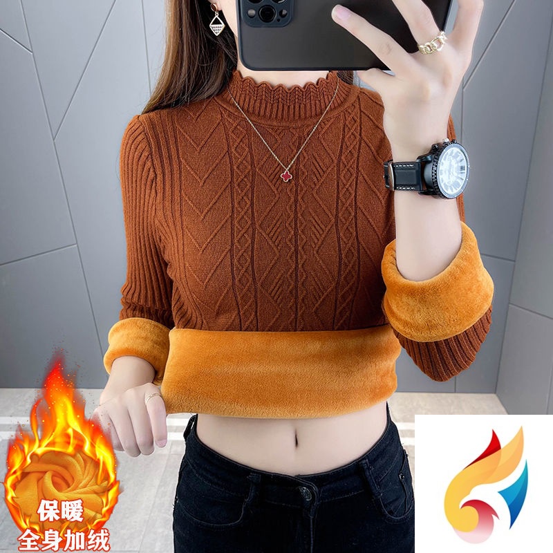 Áo Sweater Lót Lông Cừu Dày Chui Đầu Dáng Ôm Thời Trang Thu Đông Cho Nữ