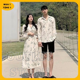 Đồ đôi nam nữ đẹp Set áo váy sơ mi Hàn Quốc dáng dài COUPLE STORE