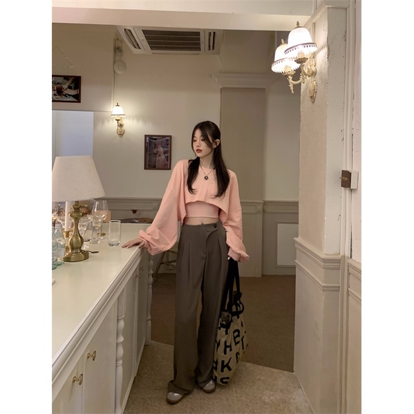 Áo sweater Mỏng Dáng Rộng Thiết Kế Mới Hàn Quốc Cá Tính Hở Rốn Màu Xám Cho Nữ