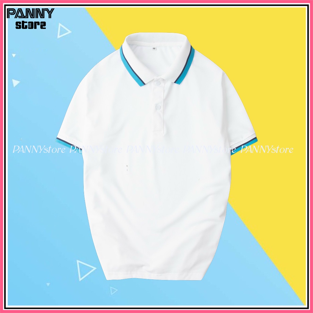Áo Thun Polo Có Cổ Cá Sấu 4 Chiều Màu Trắng Cổ Và Bo Tay 3 Sọc ĐenXanh Form Suông Đồng Phục Nam Nữ size từ 30kg đến 100k