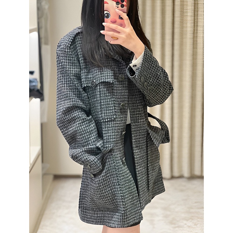Blackpink Jennie Áo Khoác Len Tay Dài Sọc Ca Rô Màu Đen Phong Cách Hàn Quốc Trẻ Trung