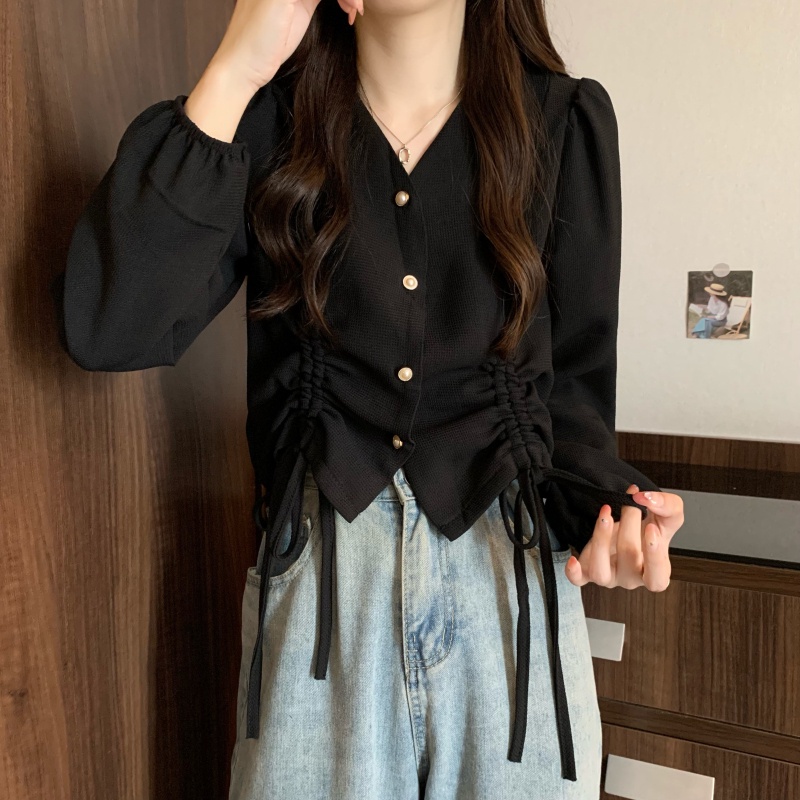 IELGY Áo Sơ Mi Dài Tay Cổ Chữ v Phối Dây Rút Phong Cách Pháp Thời Trang Dành Cho Nữ