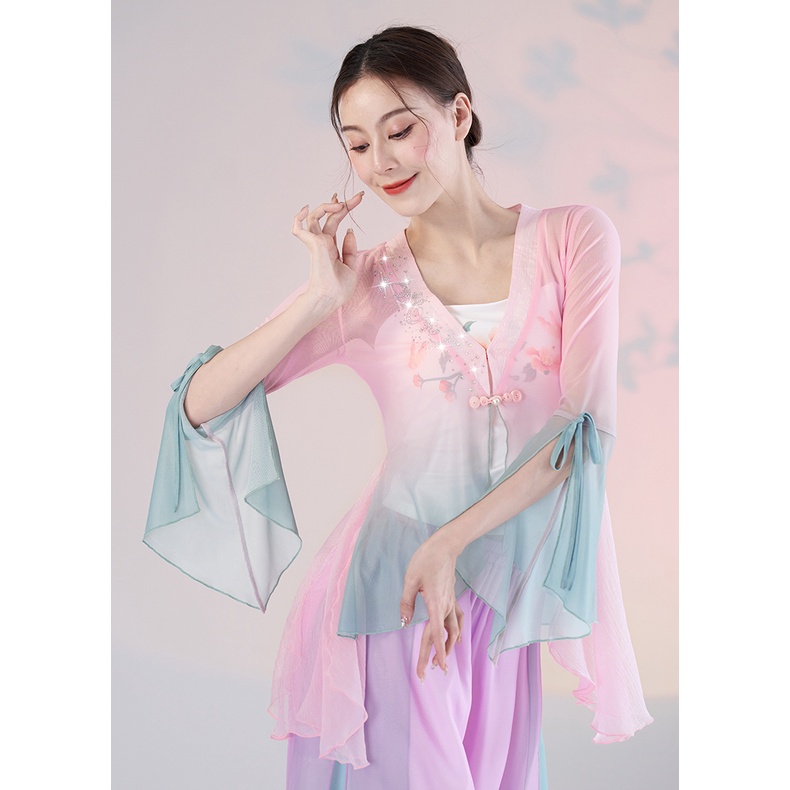 [M &amp; E] Áo Khoác Cardigan Vải Gạc Màu Gradient Trung Hoa Cổ Điển Dùng Để Biểu Diễn Múa Biểu Diễn Mù