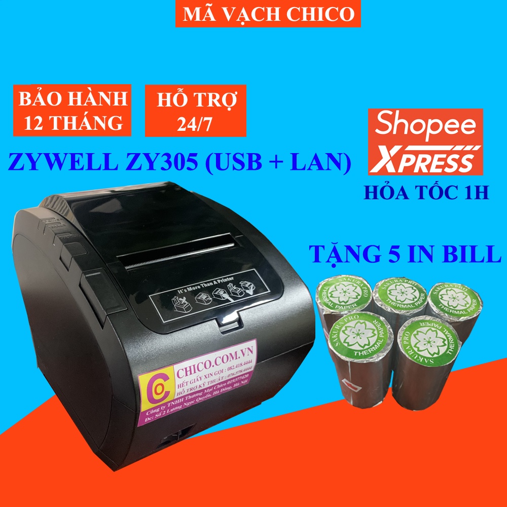 Máy in hóa đơn Zywell ZY305  In máy tính điện thoại qua cổng Lan giá rẻ máy in bill k80 tự động cắt