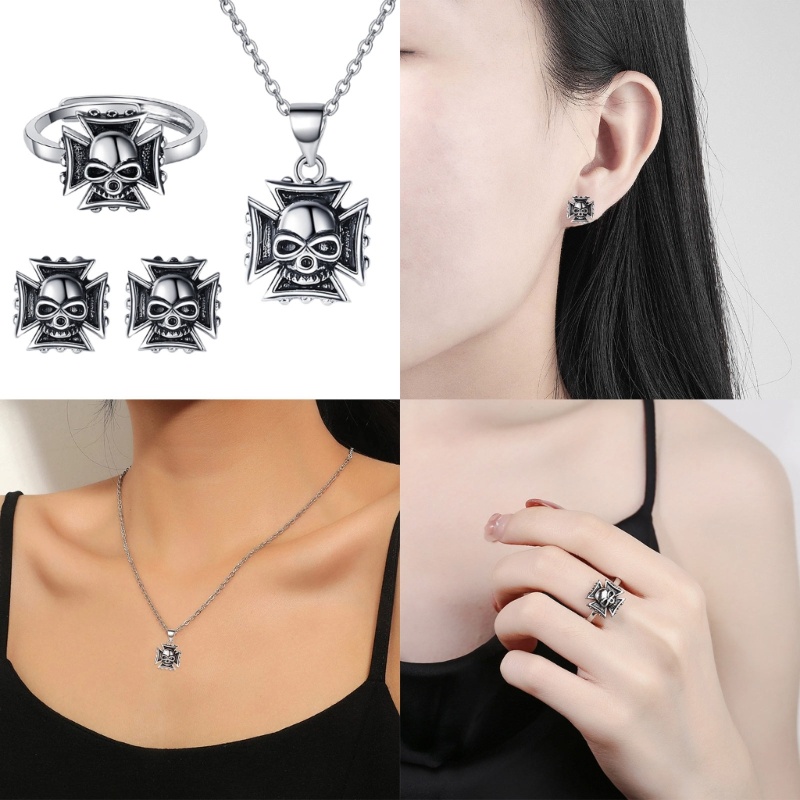 Set Vòng cổ + Nhẫn + Bông Tai Hình Đầu Lâu Phong Cách Gothic Cổ Điển