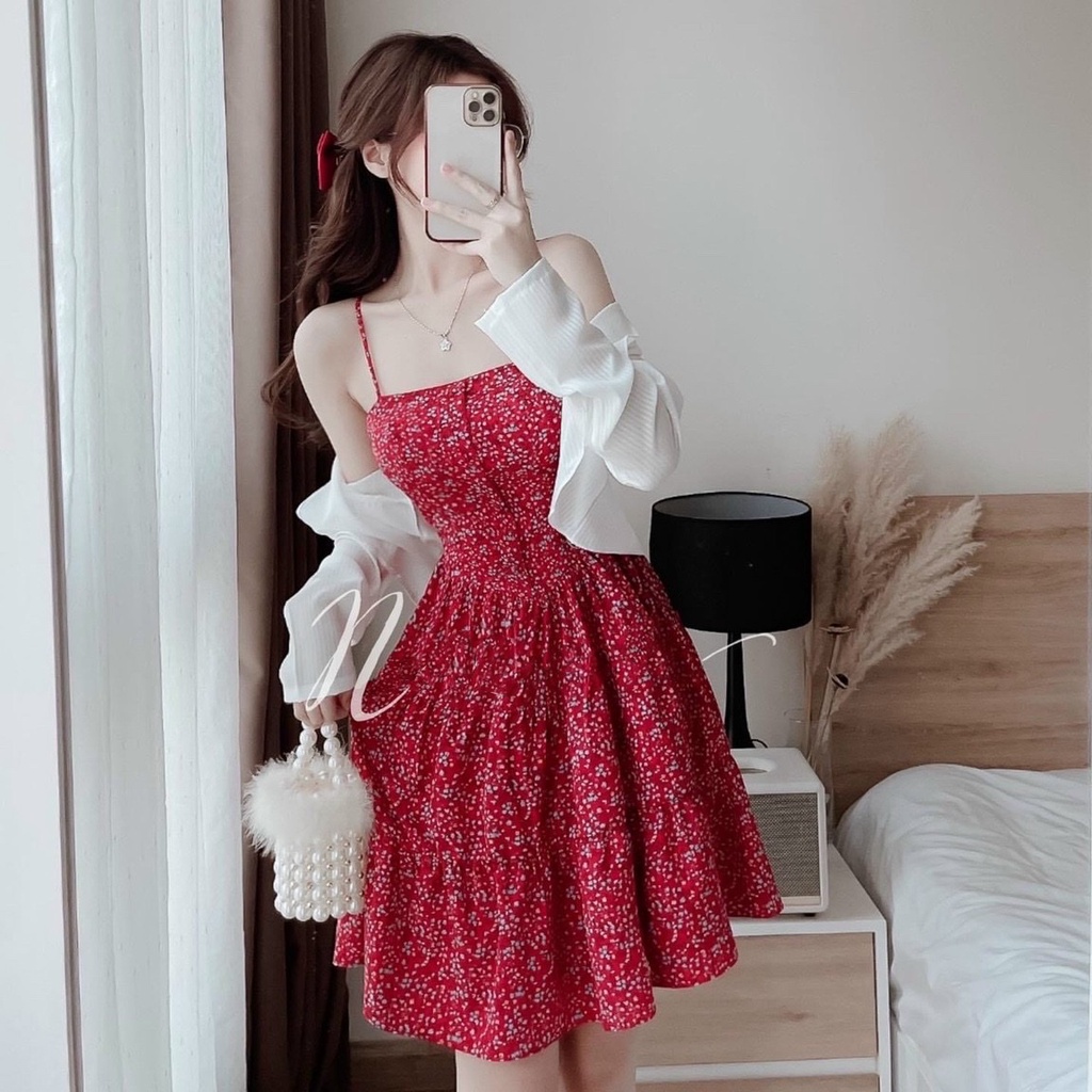 Váy đầm nữ lụa hoa 2 dây xinh xắn kèm áo khoác gân kiểu cách đáng yêu phù hợp dự tiệc đi chơi hoặc dạo phố