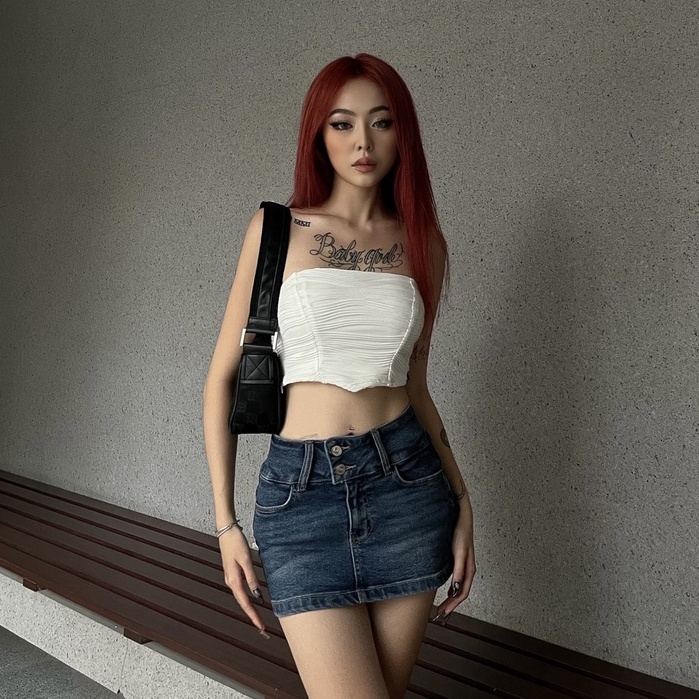 Chân váy jean nữ CHICMONKI lưng thấp, chất co giãn màu xanh đậm - CMJ1402 | BigBuy360 - bigbuy360.vn