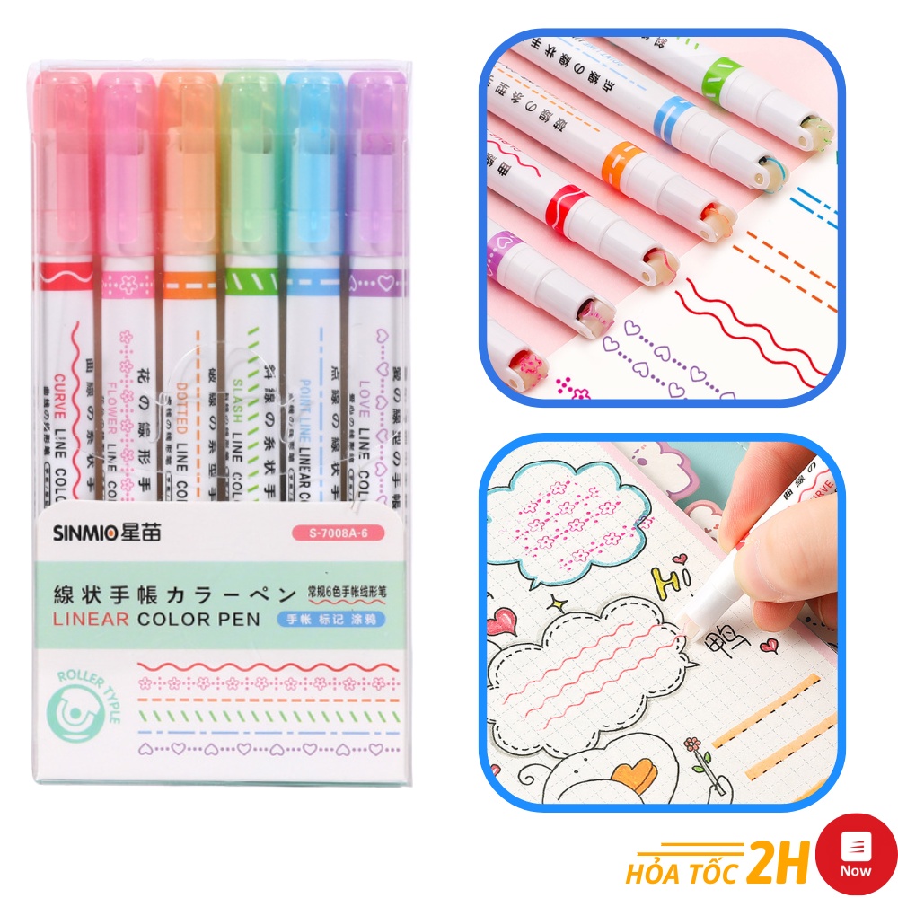 Bộ 6 Bút Đánh Dấu Đầu Lăn Tạo Hình Bông Hoa, Bút Đánh Dấu Có Hình Dạng Đường Kẻ Nhiều Màu Sắc Bắt Sáng