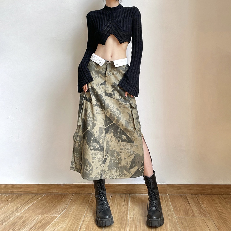 Chân Váy Xẻ Tà Lưng Cao In Chữ Phối Khóa Kéo Phong Cách Retro Đường Phố