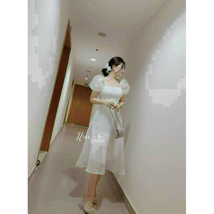 (Sale FreeShip) Đầm tiểu thư đi tiệc,đầm voan 2 lớp tay phồng nút bọc,hàng chuẩn shop,diện lên xuất sắc luôn ạ