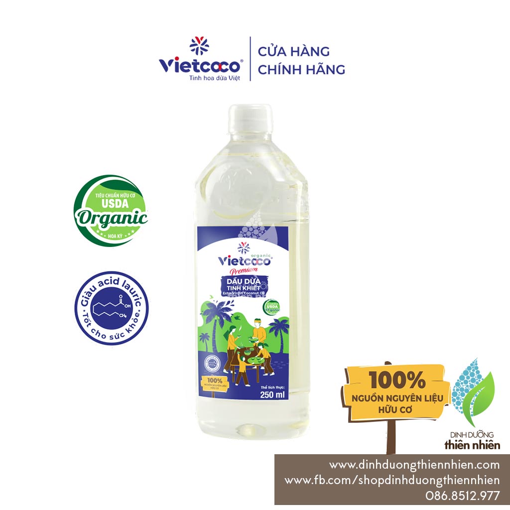 Dầu Dừa Tinh Khiết Hữu Cơ Premium VietCoCo Organic Extra Virgin Coconut Oil, 250ml