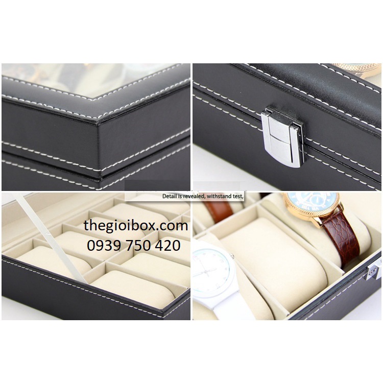 Hộp Đựng Đồng Hồ 12 Chiếc Vỏ Da Màu Đen - Có Nắp Kính Chống Bụi Bẩn - Cao Cấp - Giá Rẻ