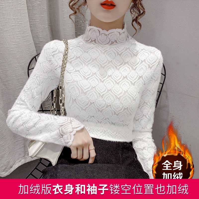 Áo Ren Cổ Lọ Tay Dài Vải Nhung Plus Phong Cách Phương Tây