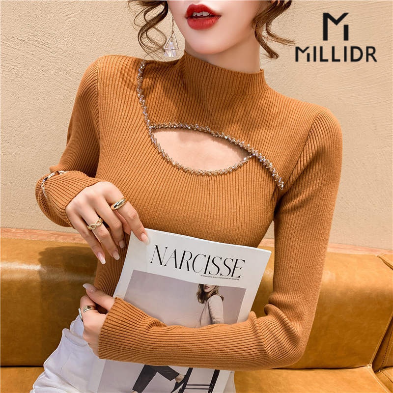 Áo Dệt Kim Nữ Tay Dài Cổ Cao Đính Hạt Cườm Thời Trang