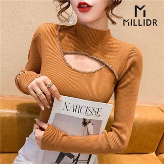 Áo dệt kim nữ tay dài cổ cao đính hạt cườm thời trang
