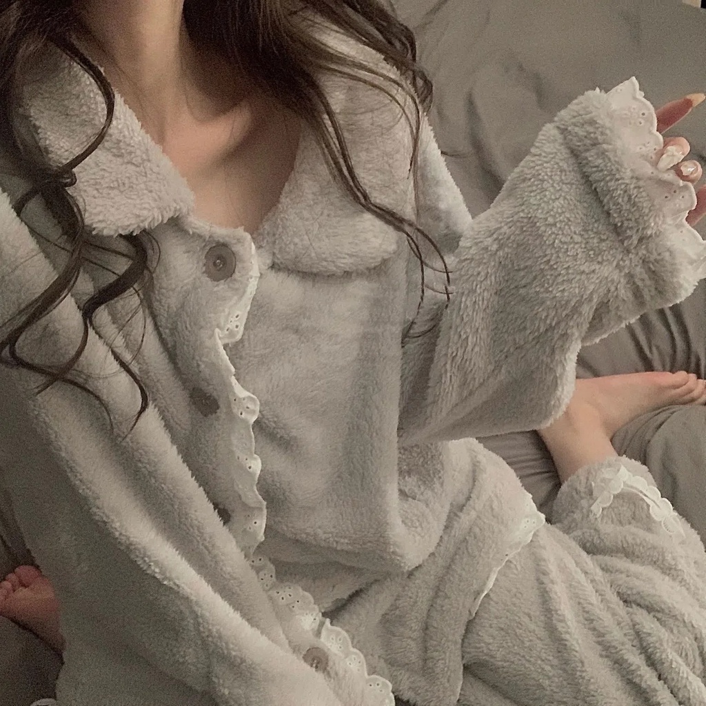 DIDIKA Bộ Đồ Ngủ Chất Nỉ Phối Ren Dày Dặn Giữ Ấm Mùa Đông Thời Trang Quyến Rũ Cho Nữ