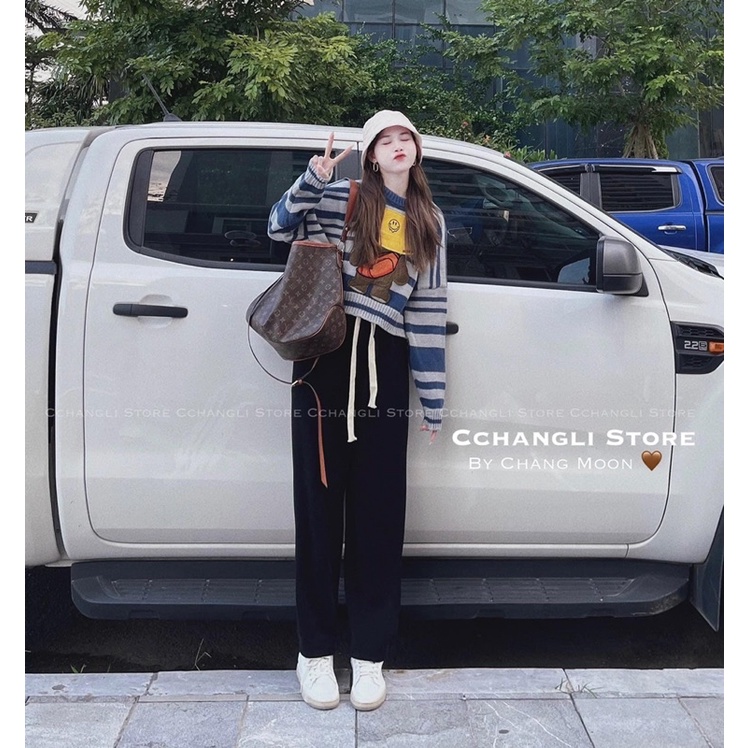 [Ảnh thật/Video]Áo len kẻ xanh dáng ngắn hình vịt vàng