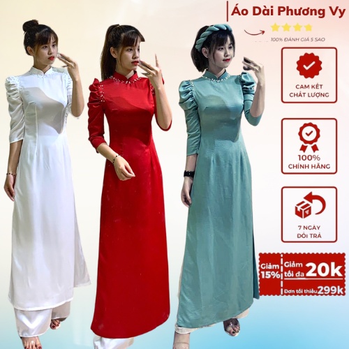 Áo Dài Lụa tây Thi vai bồng nhẹ đính hạt trai áo dài 2 tà mặc trẻ trung duyên dáng cho các chị em