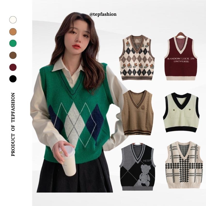 Áo Gile Ulzzang Hàn Quốc - Áo Gile Len Nữ Kẻ Caro, Họa Tiết Nhiều Mẫu Đi Học, Đi Làm Dễ Thương