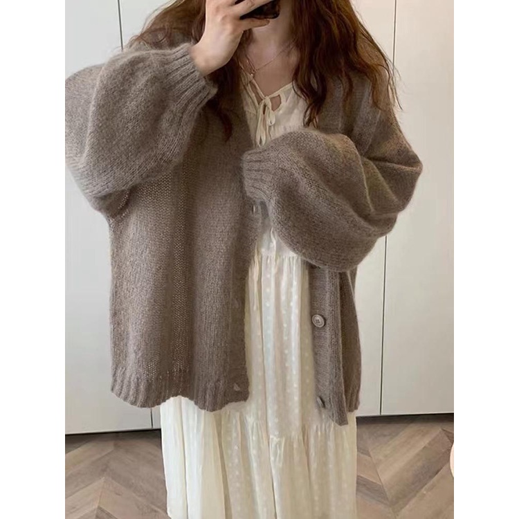 Áo Khoác Cardigan Dệt Kim Tay Phồng Dáng Rộng Thời Trang Mùa Thu Cho Nữ Dưới 100kg