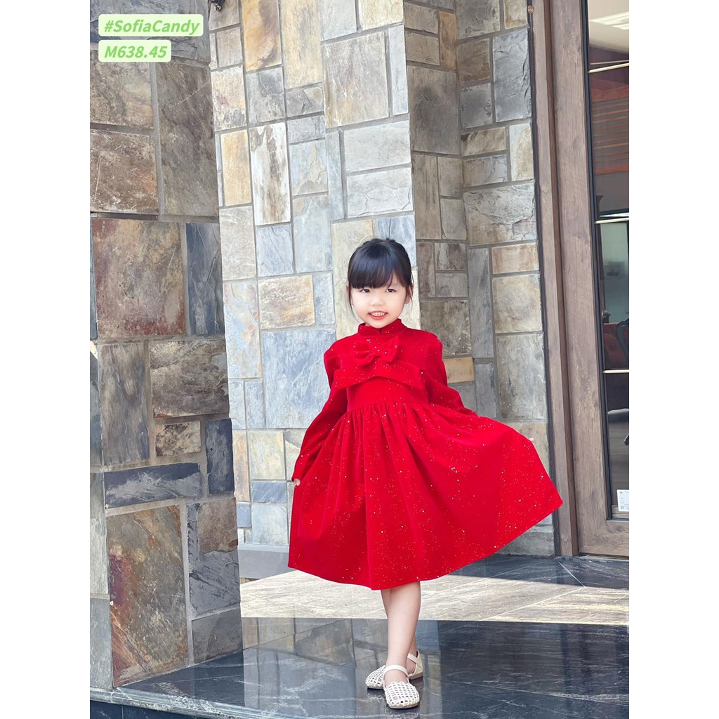 Váy nhung Sofia nơ ngực đỏ