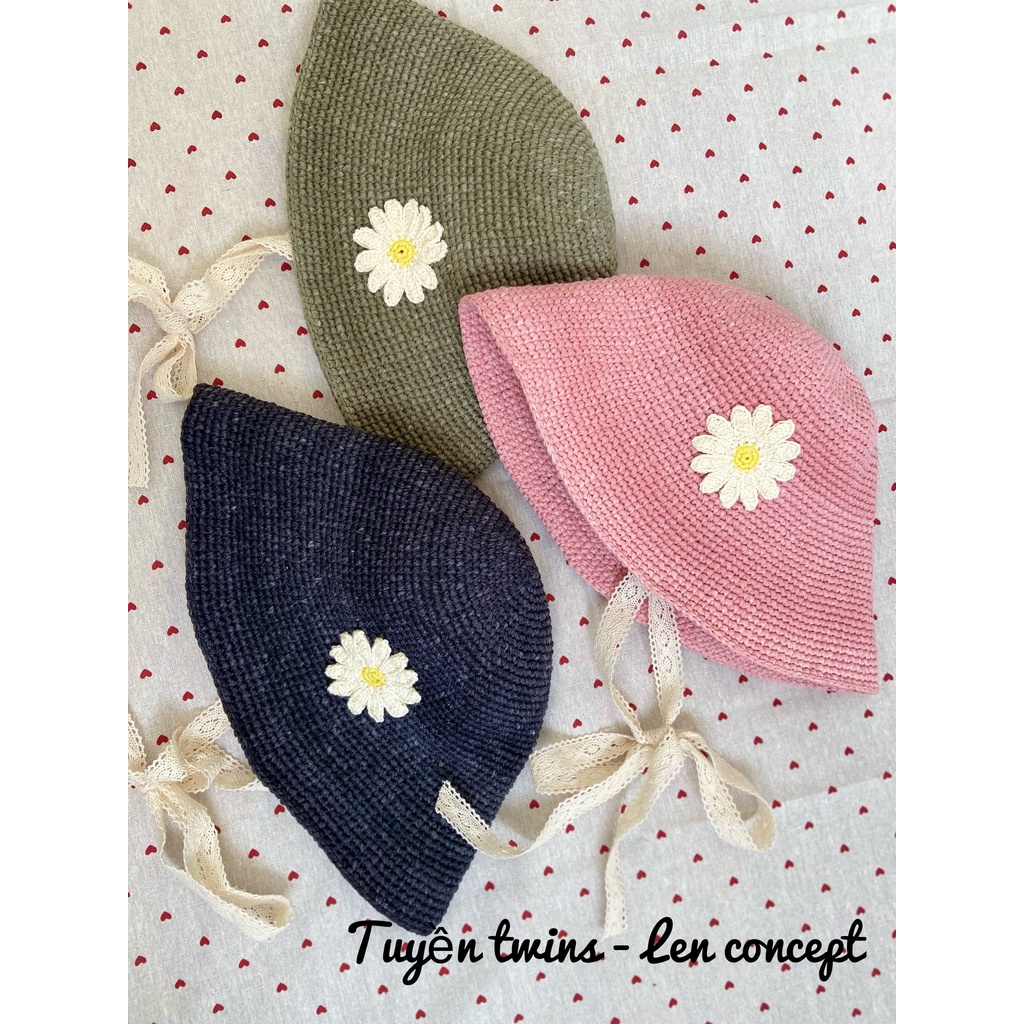 Nón len handmade - hoa cúc họa mi trang trí - có quai nón bằng ren siêu xinh