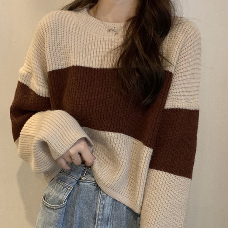 Áo Sweater Tay Dài Dáng Rộng Họa Tiết Kẻ Sọc Thời Trang Hong Kong Cổ Điển Hàng Mới 2022 Dành Cho Bạn Nữ