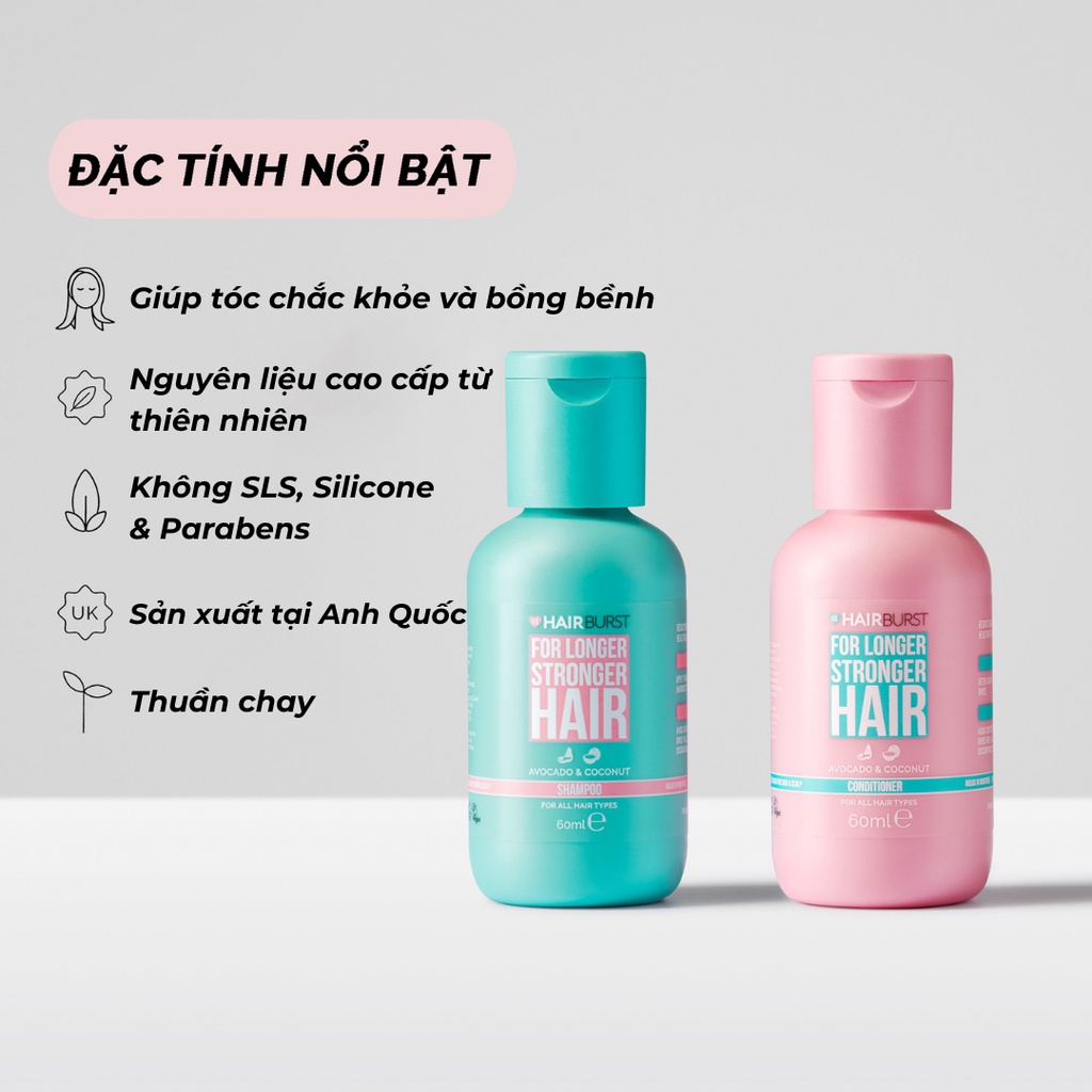 Combo chăm sóc tóc set gội xả travel + xịt dưỡng + kẹo dẻo Hairburst 60ml/chai + 125ml + 60 viên