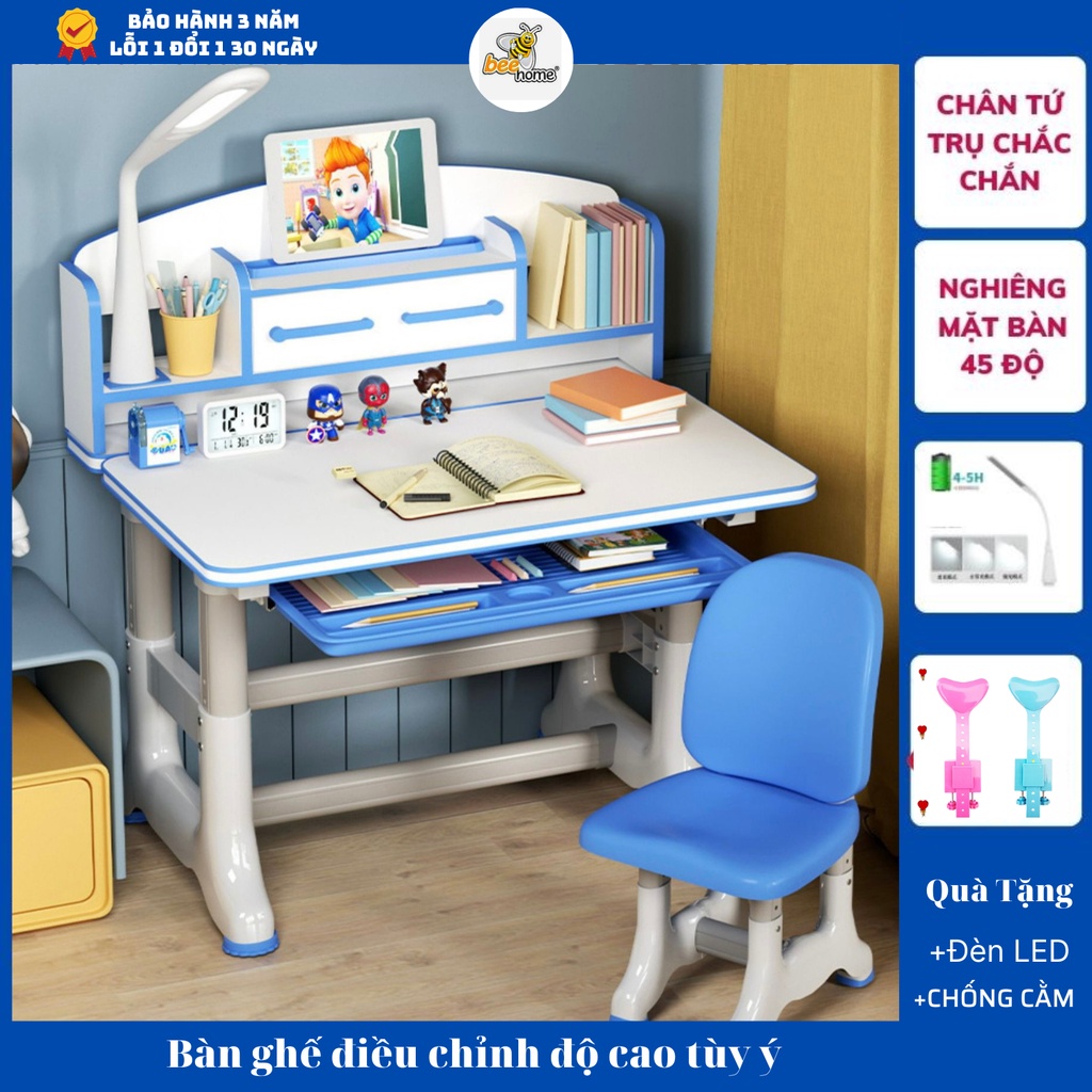 Bộ bàn ghế học sinh chống cận chống gù bàn học thông minh cho bé chỉnh được độ cao có giá đỡ sách và ngăn kéo K05