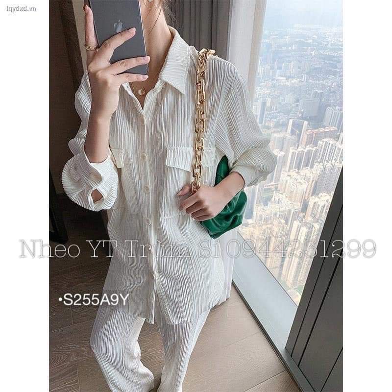 [10.10 Sales Freeship] Set bộ đũi trơn basic quần dài, set áo sơ mi tay dài có túi quần ống suông mặc đi chơi mtb