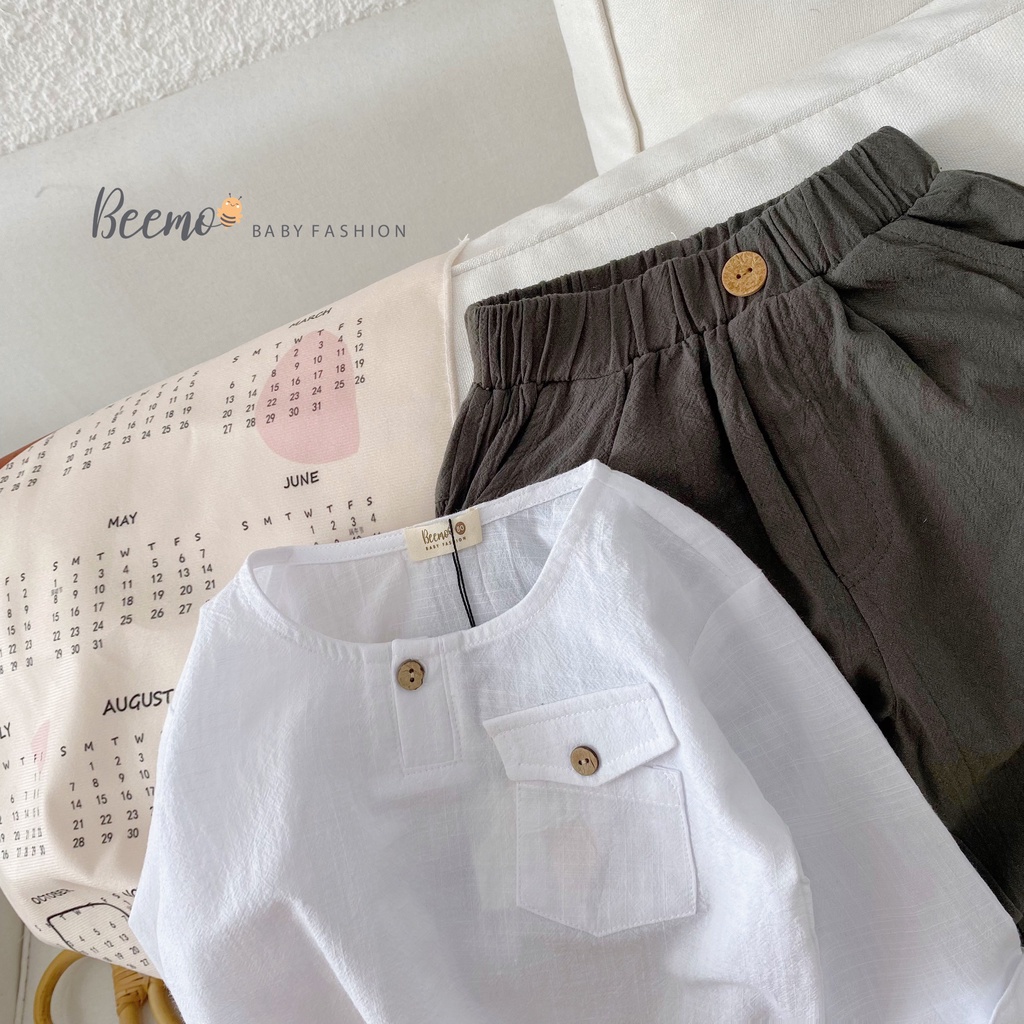 Set bộ quần áo dài tay Beemo thô đũi may nắp túi chéo phong cách Hàn cho bé trai, bé gái từ 1 đến 6 tuổi 22254B